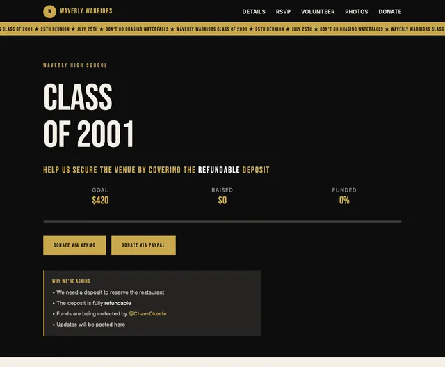 Waverly Warriors Class of 2001 reunion landing page, with a refundable deposit goal of $420 and donation buttons
